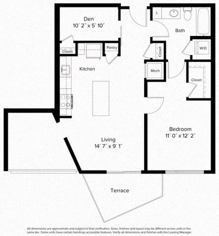 Floor plan for 1 bed, 1 bath, 723 sqft